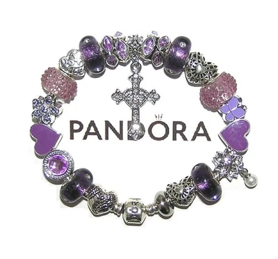 AUTÉNTICO Pulsera Pandora Plata con Cruz Abrazo de Amor, Dijes Europeos Púrpura Foto 1 de 4