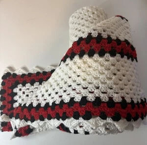 Vintage Handmade Crochet Blanket Red White And Black Granny Square Throw Rug - Picture 1 of 4