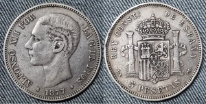 ALFONSO XII. 5 pesetas PLATA año 1877*1877. Peso actual 24,79 gr. - Bild 1 von 2