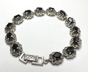 Vintage 925 Garnet & Marcasite Bracelet ~ 5mm x 6.5mm Garnets ~ 8" long ~ Wt. 23 - Picture 1 of 18