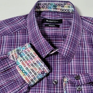Bugatchi Mens Sz L Classic Fit Button Shirt Motivate Words Flip Cuff Colorful - Picture 1 of 16