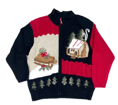 Suéter De Colección Árbol de Navidad Trineo Motivo Cabina Cremallera Para Mujer 14/16 Rojo Negro Tejido Foto 1 de 4