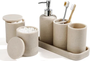 6-Piece Beige Bathroom Accessories Set - Modern Organizer for Stylish Spaces - Picture 1 of 12