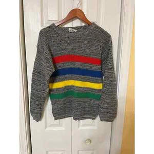 Vintage 80s Gray Acrylic Knit Primary Stripe Pull Over Crew Neck Sweater Medium - Picture 1 of 3