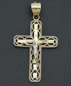 Real Solid 10K Yellow Gold Jesus Cross Oval Diamond Cut Pendant 2.0gr - Picture 1 of 5
