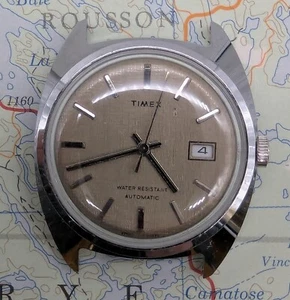 Vtg Timex Viscount 47550-03275 Automatic Linen Dial Date Watch - RUNNING - Picture 1 of 8