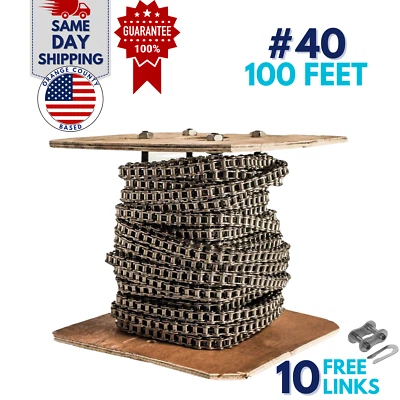 #40 SS Stainless Steel Roller Chain 100 Feet with 10 Connecting Links - Image 1 of 4