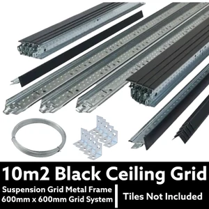 10m2 Sistema Griglia Soffitto Sospesa Nero 600 mm x 600 mm Telaio In Metallo Sospensione - Foto 1 di 5