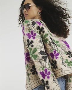 River Island Womens Jacket Cream Long Sleeve Floral Studded Outerwear Top - Picture 1 of 11