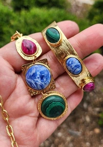 Vintage 90s Red Blue Green Stone Cabochons Pendant Necklace & Cuff Bracelet Set - Picture 1 of 19