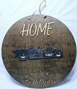 Wooden Classic Hot Rod Car Round Laser Cut Wall Door Art 18" D - Picture 1 of 8