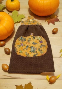 Halloween Handmade Hanging Dishtowel Pumpkin Applique Orange Print Brown Towel - Picture 1 of 6