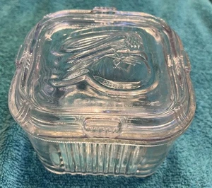 Vintage Federal Glass Ribbed Refrigerator Dish with Lid, Embossed Vegetables - Picture 1 of 5