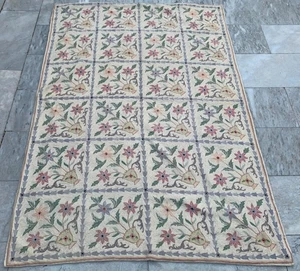 Vintage Handmade Aubusson Rug French Style Chain Stitch Needlepoint Rug 4x6 ft - Picture 1 of 13