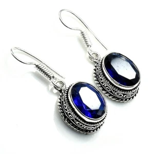 Blue Tanzanite Gemstone Handmade 925 Sterling Silver Jewelry Earring Size 1" - Picture 1 of 1