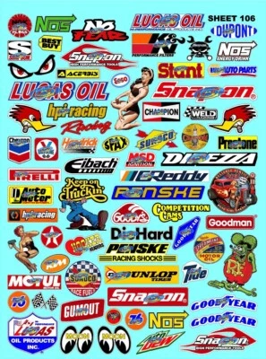 WHITE VINYL RACING Sticker Sheet 106 Variety-R/C MODEL Die-cut -Decals 1/12-1/10 - Image 1 of 4