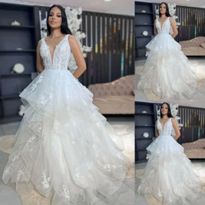 Sexy Wedding Dresses Deep V Neck Glitter Ruffles White Ivory A Line Bridal Gowns - Picture 1 of 9