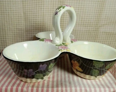 ☆Tracy Porter Triple Condiment Server Black Floral Green Plaid Rare  Jardinere - Image 1 of 4