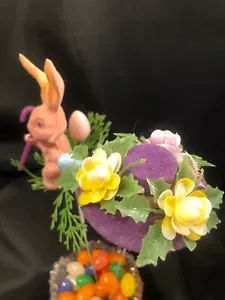 Vintage~ Easter Spring~ Flocked Bunny Rabbit and Easter Bonnet~ 2 Floral Picks - Picture 1 of 8