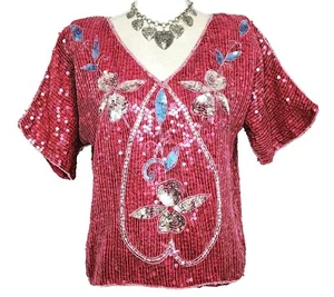 Vintage 100% Red Silk Sequin Top Seed Beads Lined V Neck Size Med - Picture 1 of 12
