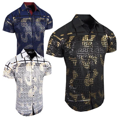 Mens Shirt Short Sleeve Italian Stripe Shiny Print Flip-Cuff Stretch Slim Fit - Image 1 of 2