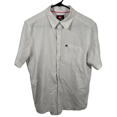 Quiksilver Button Up Shirt Mens Size Small White Gray SS Stripe Boardriding * - Image 1 of 4