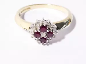 9ct Gold Ruby Diamond Ring Cluster 9k, UK M.1/2, 375 Engagement Valentines Day - Picture 1 of 10
