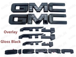 2019-2025 GMC Sierra Front & Rear and AT4 OVERLAY Emblems kit Gloss BLACK - Picture 1 of 3