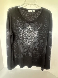 ABSTRACT BLACK RHINESTONE LONG SLEEVE LIGHT WEIGHT TOP BLACK SIZE LARGE - Picture 1 of 5