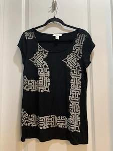 White House Black Market Blouse Medium Black Round Neck White Print - Picture 1 of 6