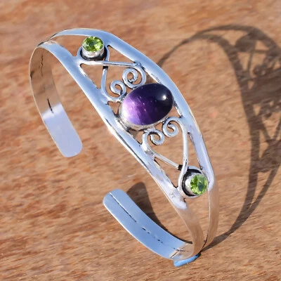 Amethyst & Peridot Cut Gemstone 925 Sterling Silver Cuff New Collection Bangle - Image 1 of 4