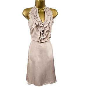 Karen Millen 10-8 UK Vintage Stone Nude Silk Ruffle Belted Shirt Dress - Picture 1 of 16
