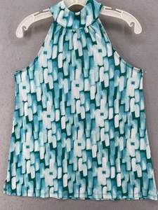 Colleen Lopez Collection Shirt Gr. M Blau Weiß Geometrisch Ärmellos Neckholder Neu - Bild 1 von 9