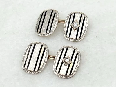 Antique Edwardian 14k Gold And Platinum Black Enamel Diamond Cufflinks - Image 1 of 3