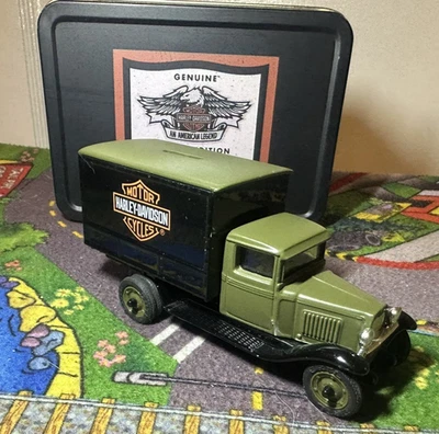 Harley Davidson 1930 Die Cast Chevy Delivery Truck Dime Bank New W/Tin Box - Image 1 of 4