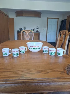 Hazel Atlas Vintage Milk Glass Egg Nog Glass Holiday Punch Bowl Set with 6 Mugs - Picture 1 of 16