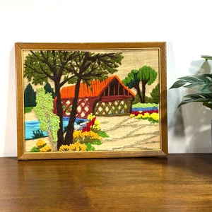 Vintage fertige überdachte Brücke Crewel Stickerei Kunst gerahmt aus den 70er Jahren 13x10 - Bild 1 von 7