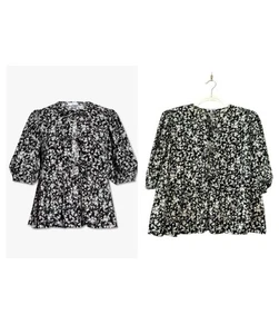 Ganni Size 48 14 16 L Black White Print Boxy Tie Neck Boho Blouse Designer - Picture 1 of 17
