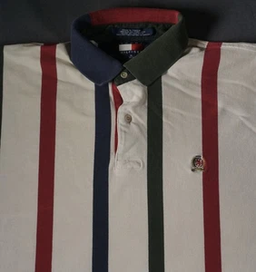 Camisa Polo Tommy Hilfiger De Colección Para Hombres XL Marfil Rayas Cresta Preppy Años 90 - Imagen 1 de 8