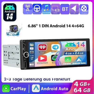 6.86" Android 14 4+64GB Carplay Autoradio 1 DIN GPS NAVI Wifi BT5.1 RDS Kam USB - Bild 1 von 4