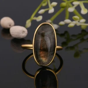 Large Stone Labradorite Statement Ring 925 Silver Gold Plated Rings Jewelry - Picture 1 of 7