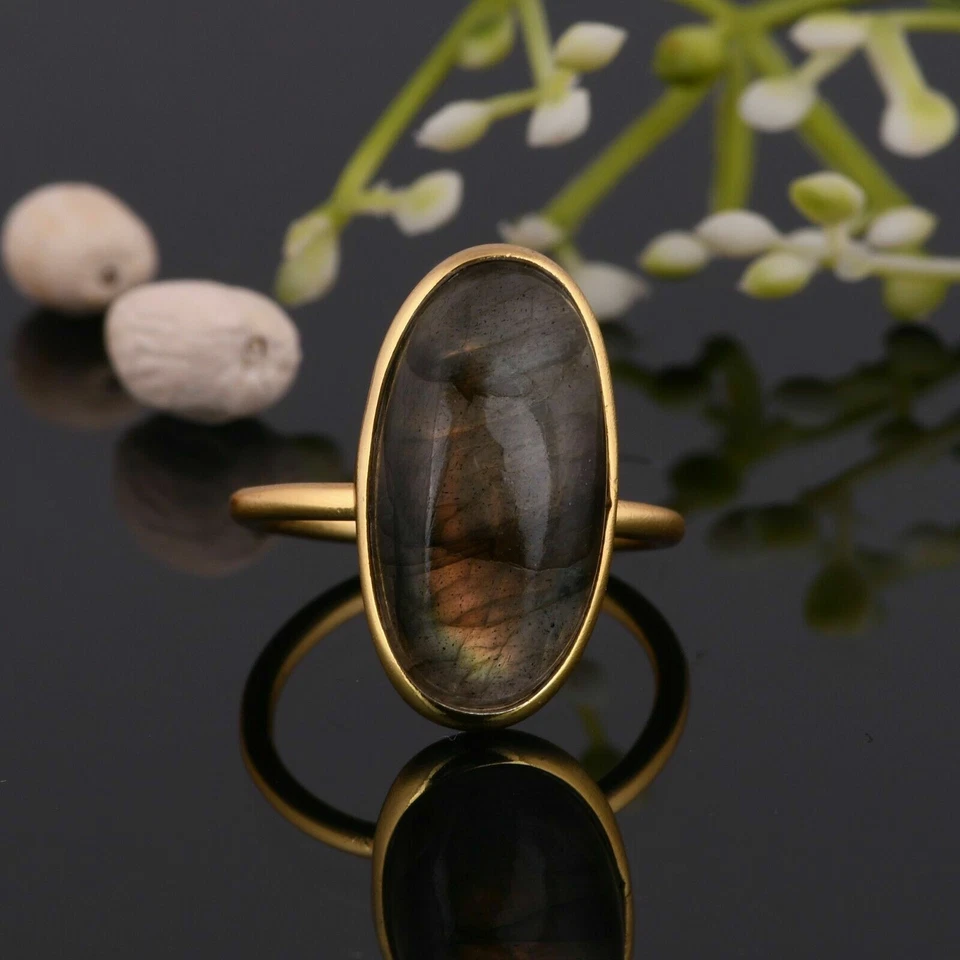 Anel grande de pedra labradorita folheado a ouro 925 anéis joias - Imagem 1 de 4