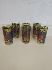 6 Vintage Tiffany Style Stained Glass Multi Colored Fruit Glasses. GM2