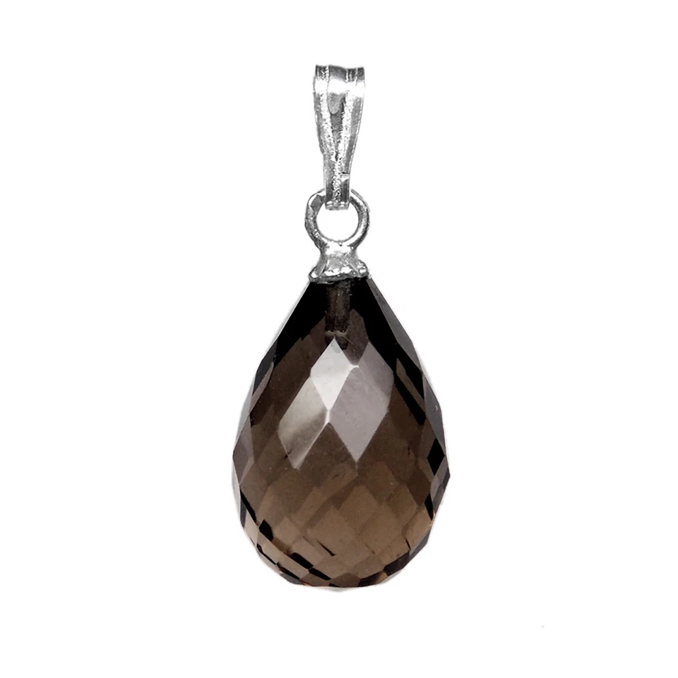 14x10mm SMOKY QUARTZ MICRO FACETED DROP / BRIOLETTE 925 STERLING SILVER PENDANT - Image 1 of 1