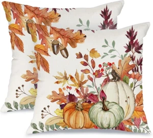 Fall Pillow Covers 18X18 Set of 2,Pumpkins Maple Leaves Decorations Floral Farmh - Picture 1 of 6
