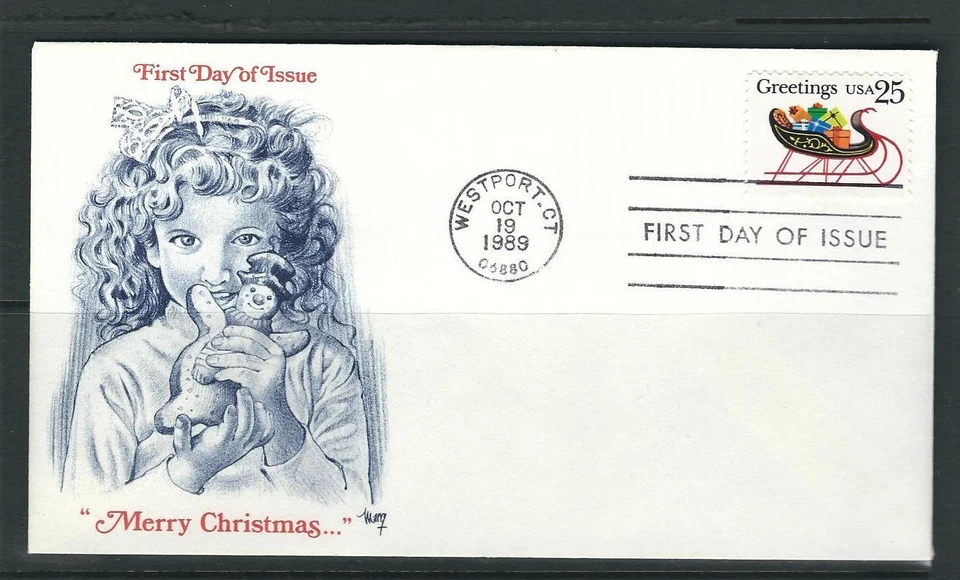 US SC# 2428 Christmas 1989 - Sleight With Presents ) FDC. Marg Cachet - Image 1 of 1