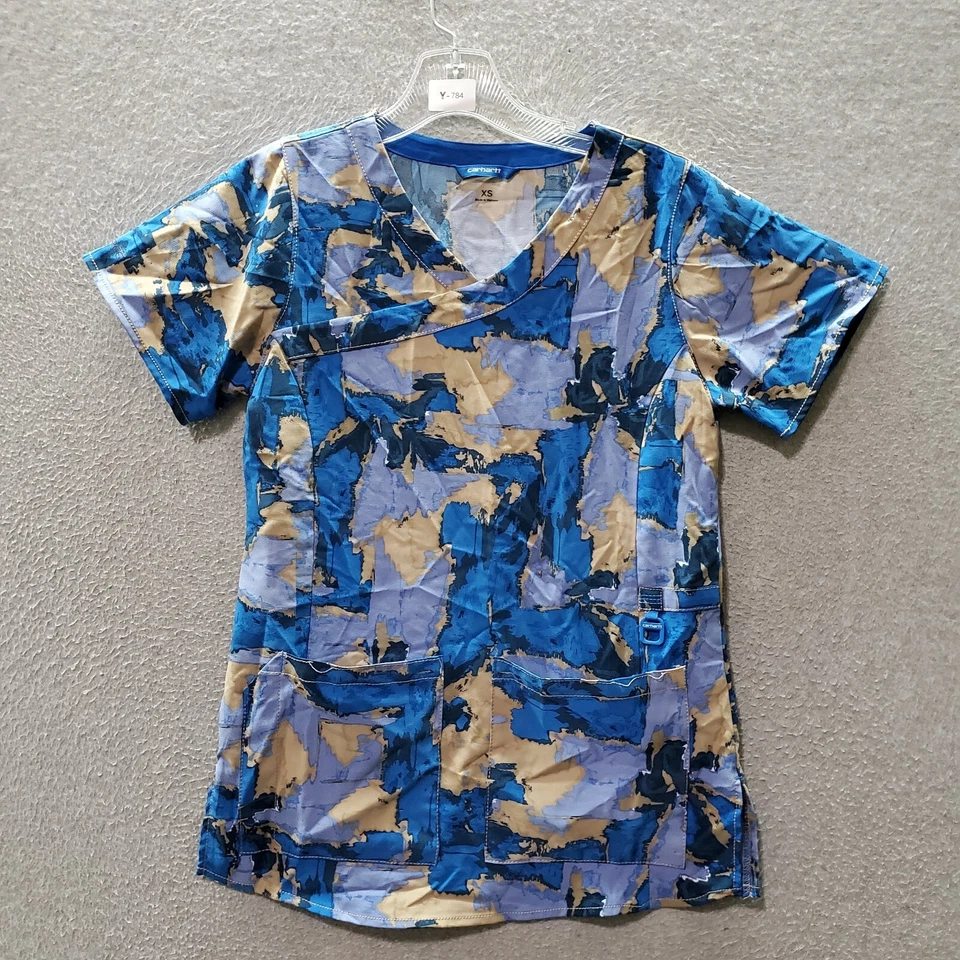 Blusa Médica Carhartt Force para Mujer XS Azul Camuflada Bolsillos Imitación Envoltura Manga Corta Foto 1 de 4