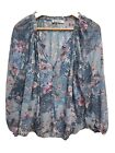 Just Jeans sheer Womens Peasant Blue White Floral Boho Blouse Top Size 14