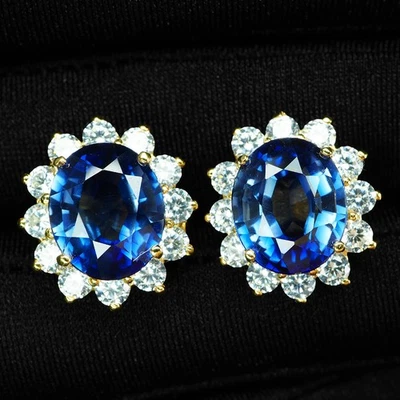 925纯银24K黄金耳环皇家蓝色蓝宝石15.15克拉手工礼品 — 第 1/4 张图片