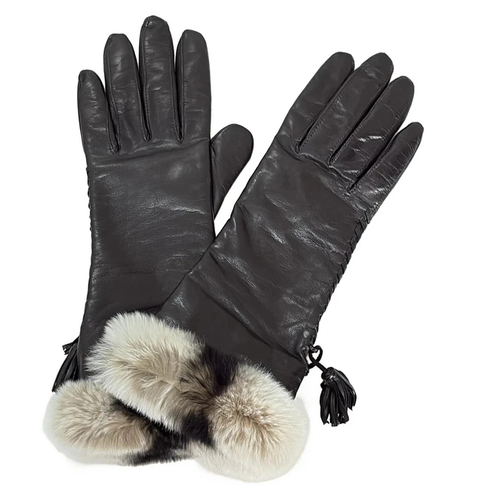 Auth Gloves - Black Light gray Leather Fur Women's - Image 1 of 4